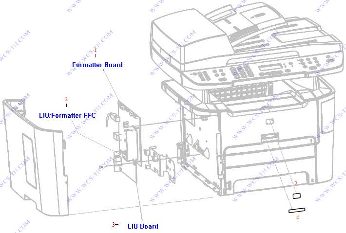 HP LaserJet 3390 Formatter, LIU, HP jewel, and nameplate